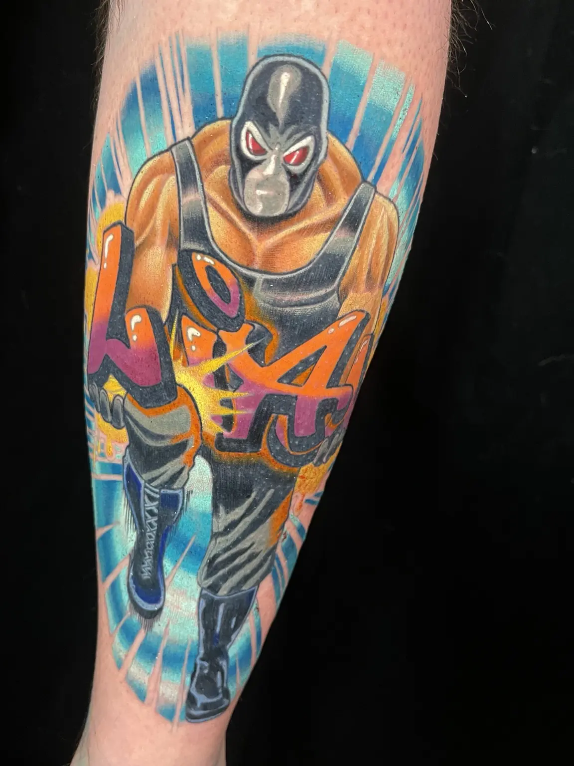 Full-color Bane comic character tattoo by Keith