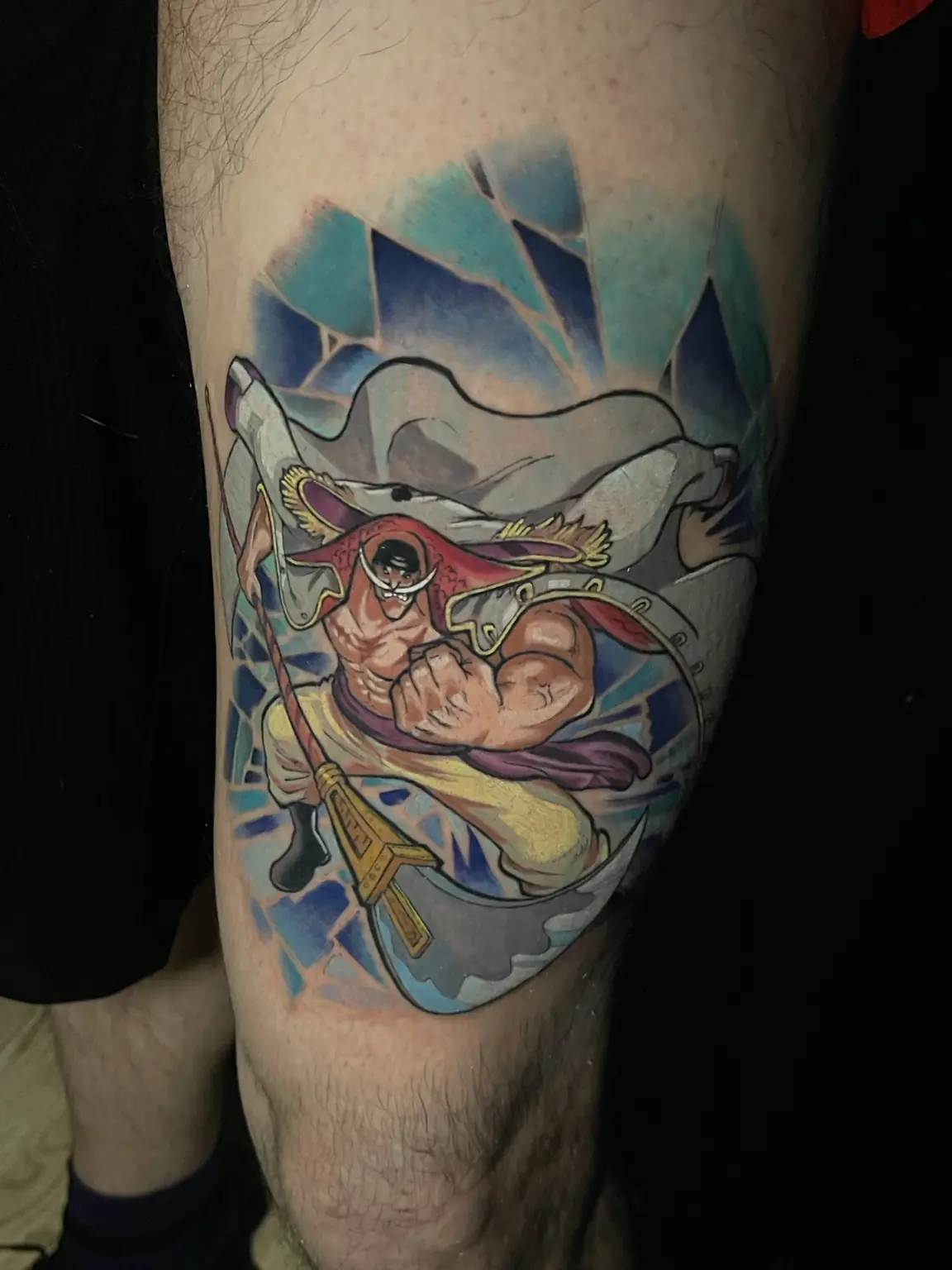 Full-color cartoon sailor character leg tattoo by Keith