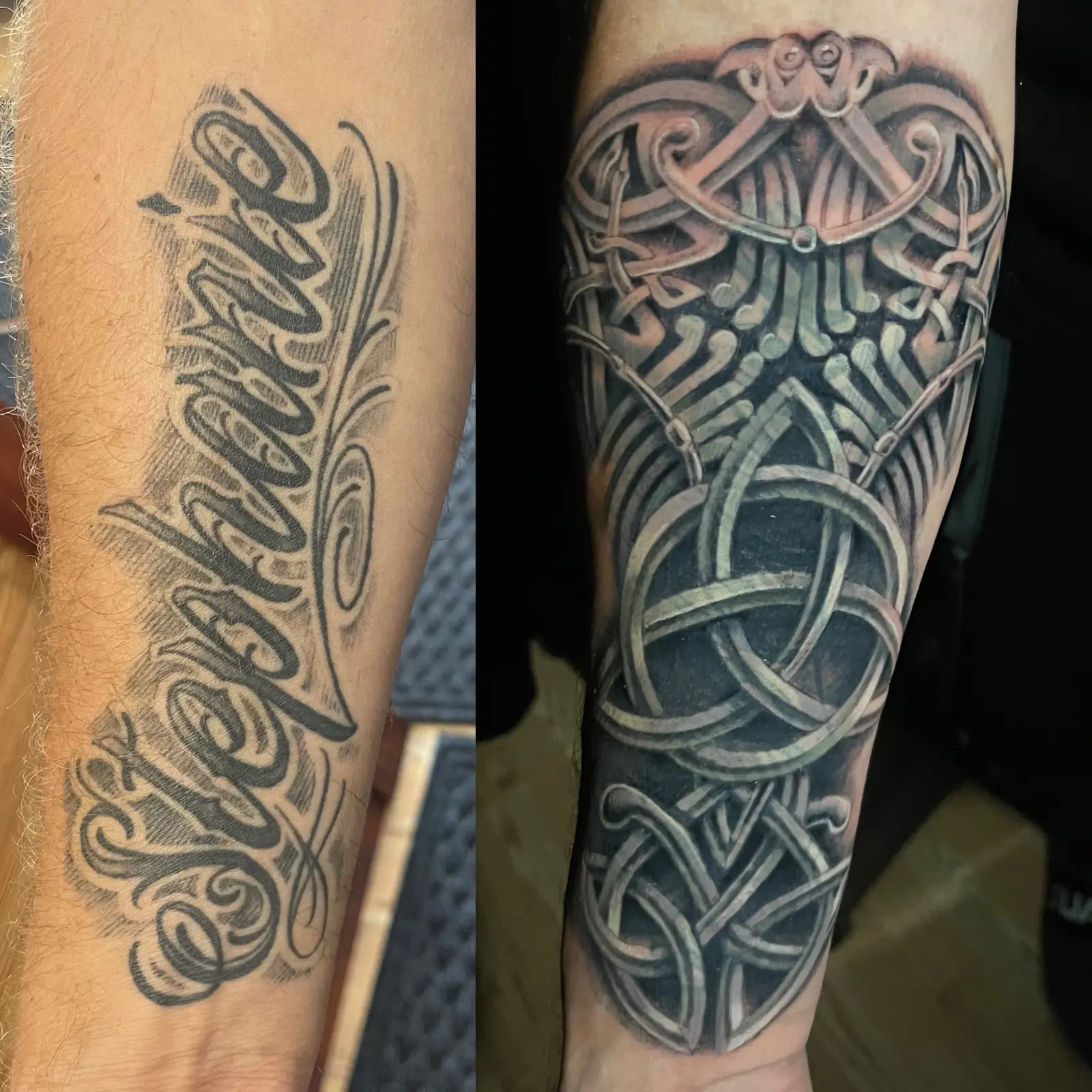 Black-and-gray custom lettering and Celtic knot tattoos by Keith