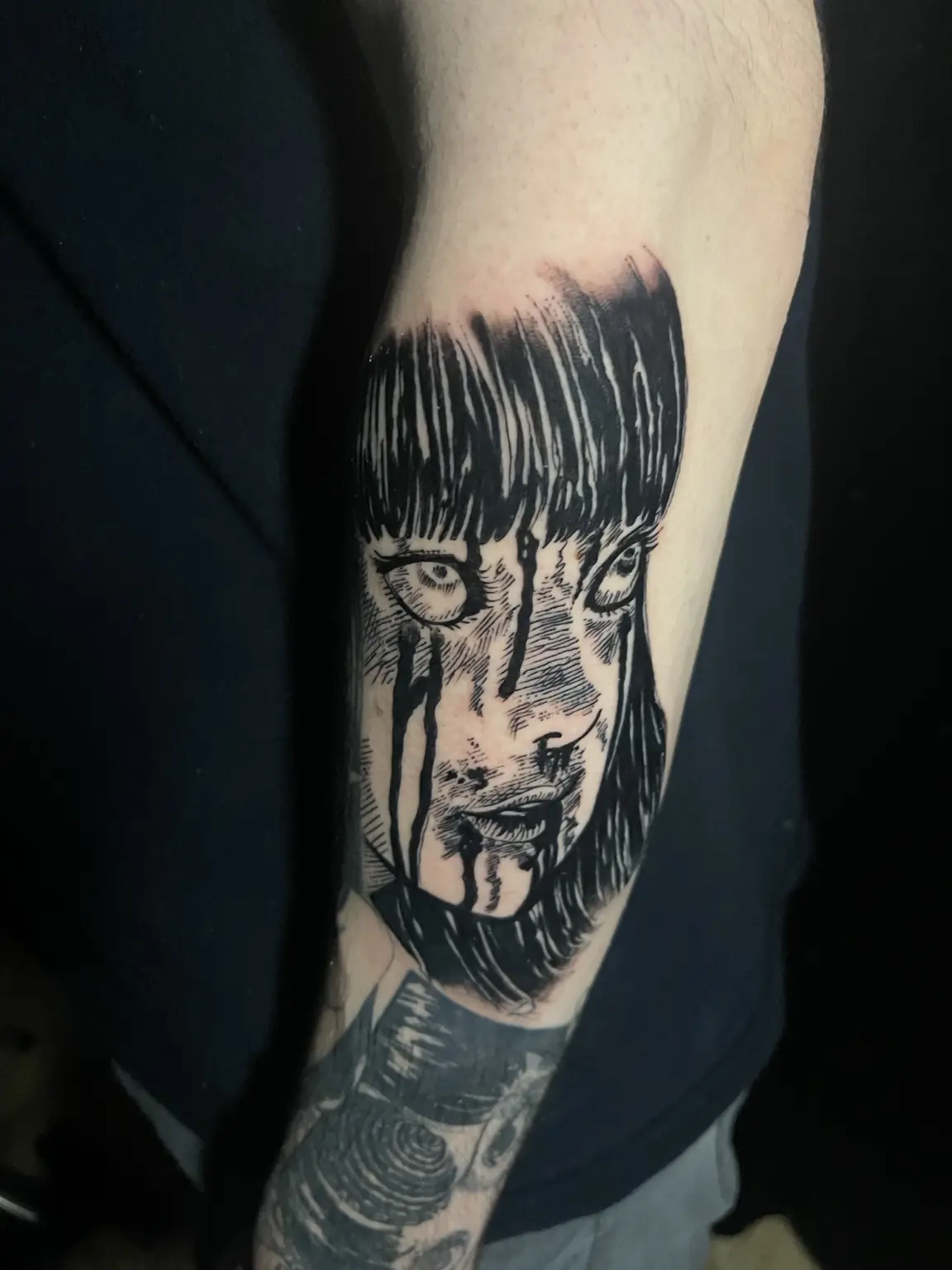 Black-and-gray manga horror portrait tattoo by Keith