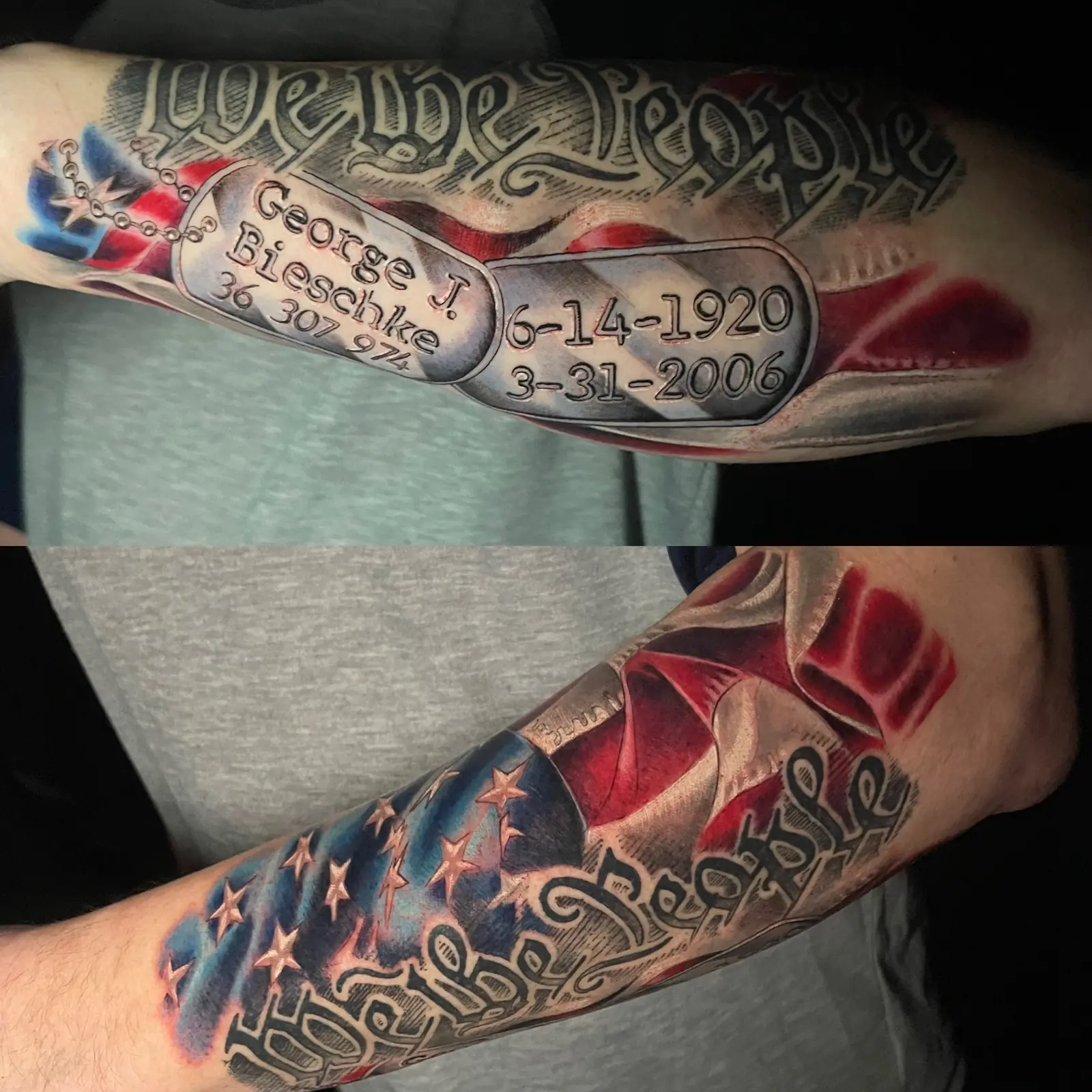 Full-color memorial lettering and American flag tattoo by Keith