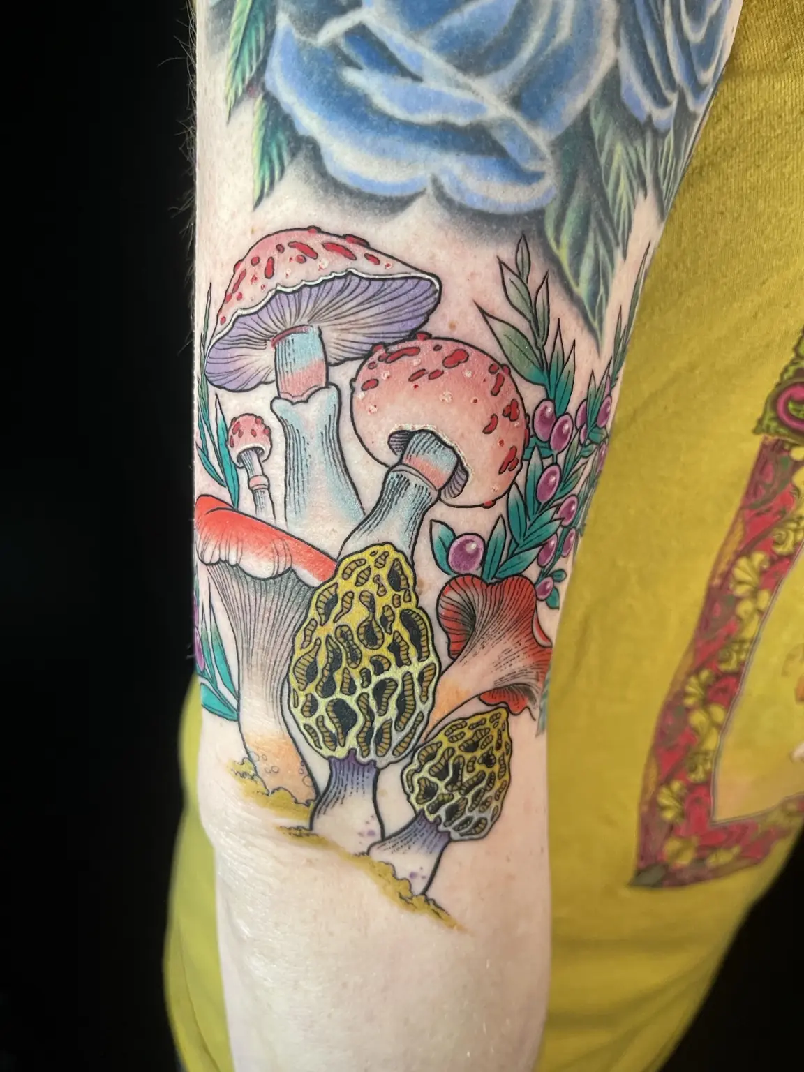 Brightly colored mushroom forearm tattoo by Keith